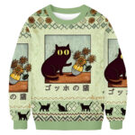 Black Cat Sunflower Ugly Sweater Japanese Art Animal Themed Clothing Gift ForCat Owners AI Model Photo