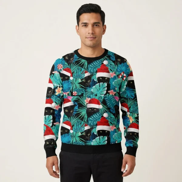 Black Cat Ugly Christmas Sweatshirt Christmas Clothing Gift For Cat Lover Man AI Model Photo