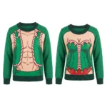 Busty Elf & Six Pack Elf Couple Body Illusion Christmas Sweaters worn at a Christmas party