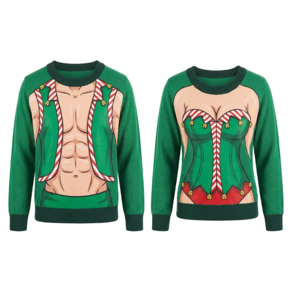 Busty Elf & Six Pack Elf Couple Body Illusion Christmas Sweaters front and back