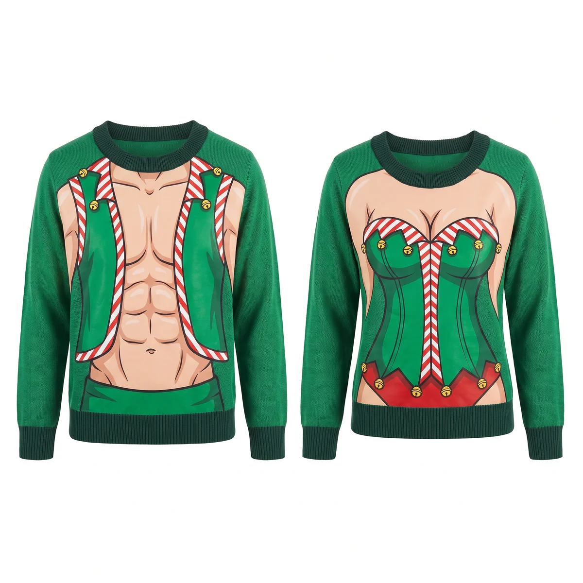 Busty Elf & Six Pack Elf Couple Body Illusion Christmas Sweaters front and back Busty Elf & Six Pack Elf Couple Body Illusion Christmas Sweaters front and back