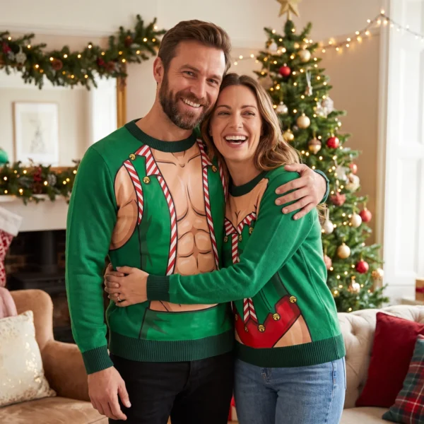 Busty Elf & Six Pack Elf Couple Body Illusion Christmas Sweaters worn at a Christmas party