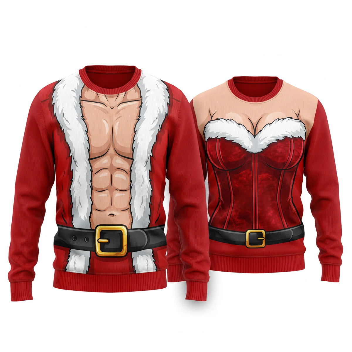 Busty Mrs. Claus & Six Pack Santa Couple Body Illusion Sweaters front and back Busty Mrs. Claus & Six Pack Santa Couple Body Illusion Sweaters front and back