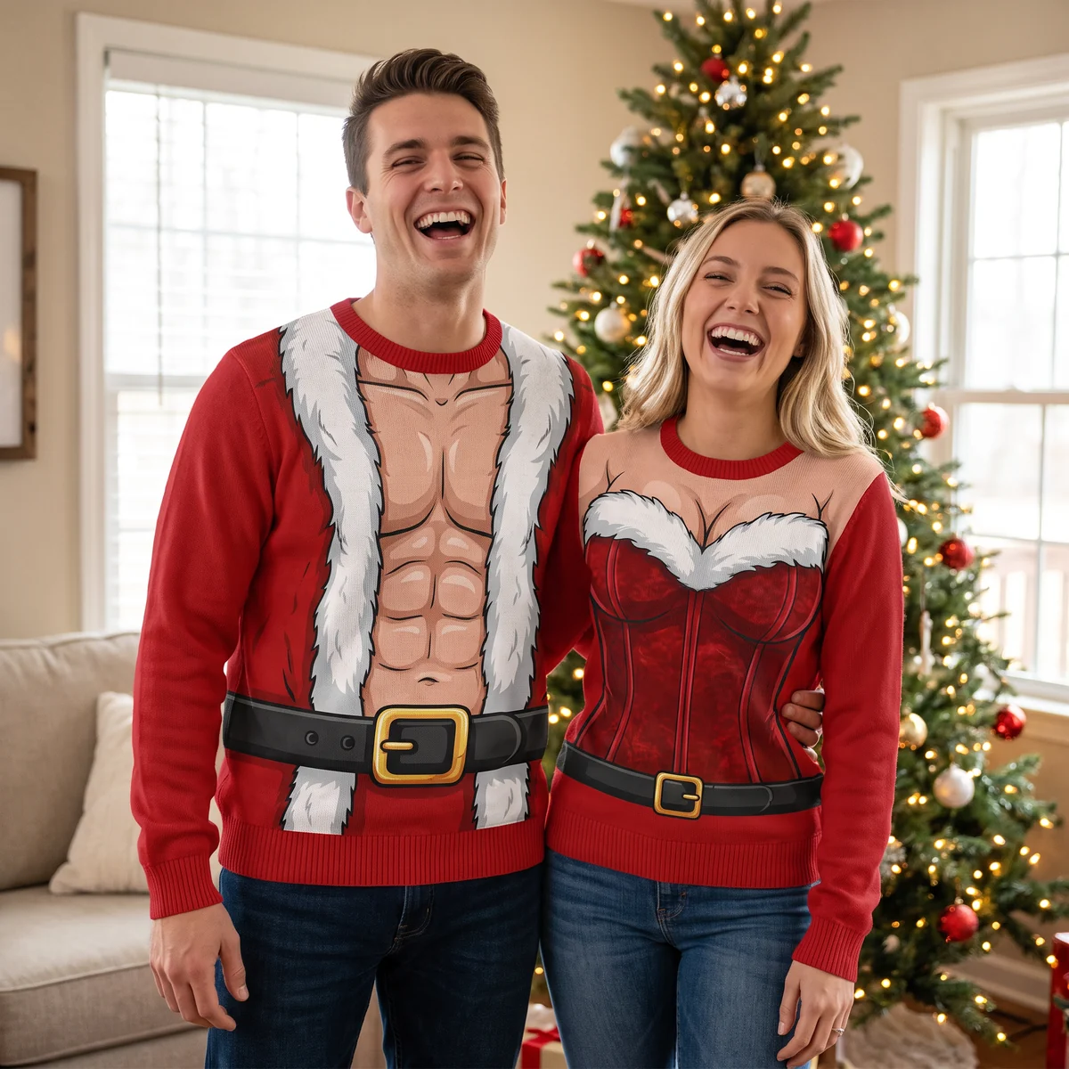 Busty Mrs. Claus & Six Pack Santa Couple Body Illusion Sweaters worn at a Christmas party Busty Mrs. Claus & Six Pack Santa Couple Body Illusion Sweaters worn at a Christmas party