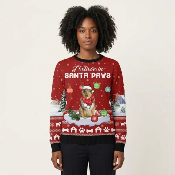 Collie I Believe In Santa Paws Ugly Christmas Sweater Xmas Apparel Gift ForCollie Dog Lovers AI Model Photo