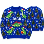 Custom Dinosaur Ugly Christmas Sweater With Name worn at Christmas