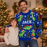 Custom Dinosaur Ugly Christmas Sweater With Name worn at Christmas