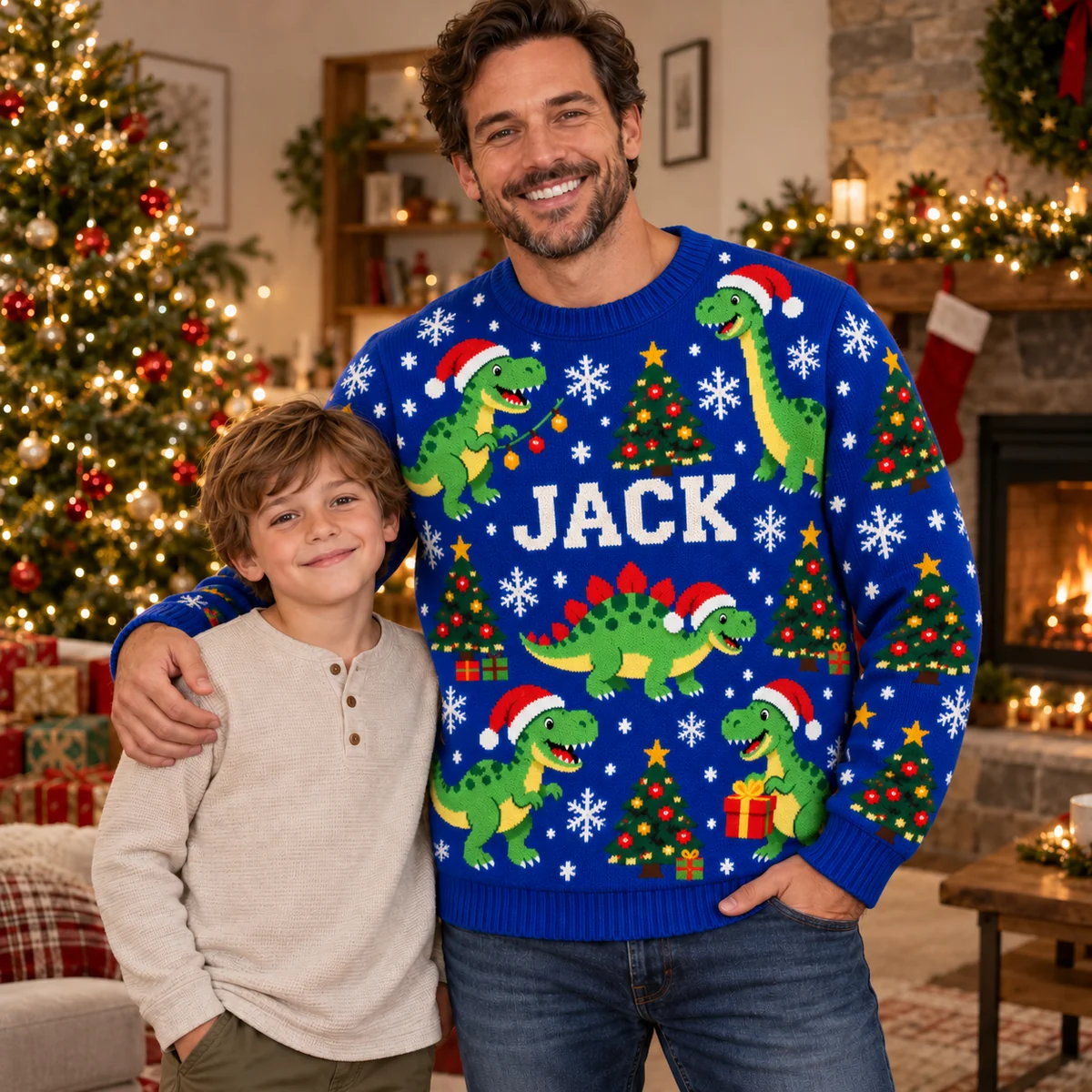 Custom Dinosaur Ugly Christmas Sweater With Name worn at Christmas Custom Dinosaur Ugly Christmas Sweater With Name worn at Christmas