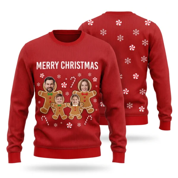 Custom Face Gingerbread Family Christmas Sweater – Up to 6 Photos front and back