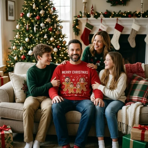 Custom Face Gingerbread Family Christmas Sweater – Up to 6 Photos worn at Christmas