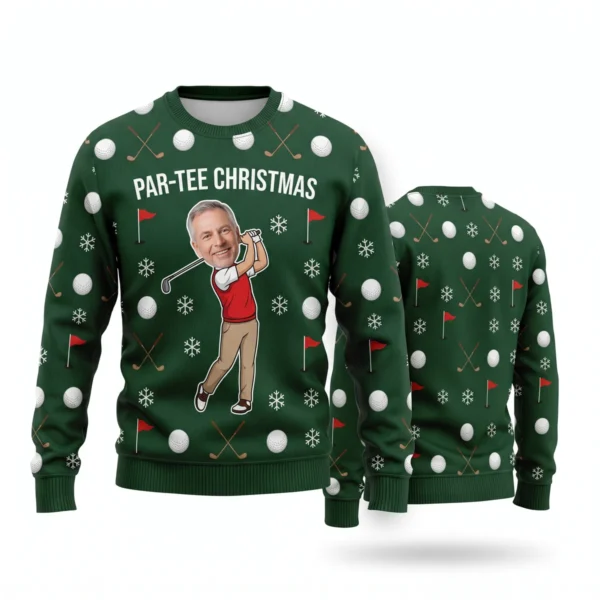 Custom Face Golf Ugly Christmas Sweater for Dad – Par-Tee Christmas front and back