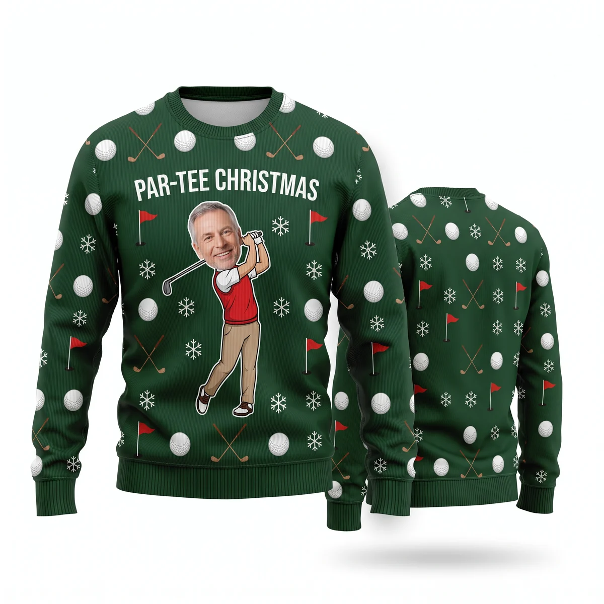 Custom Face Golf Ugly Christmas Sweater for Dad – Par Tee Christmas front and back Custom Face Golf Ugly Christmas Sweater for Dad – Par-Tee Christmas front and back