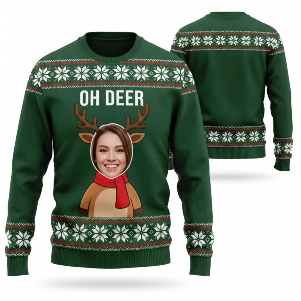 Custom Face Reindeer Funny Christmas Sweater – Oh Deer front and back