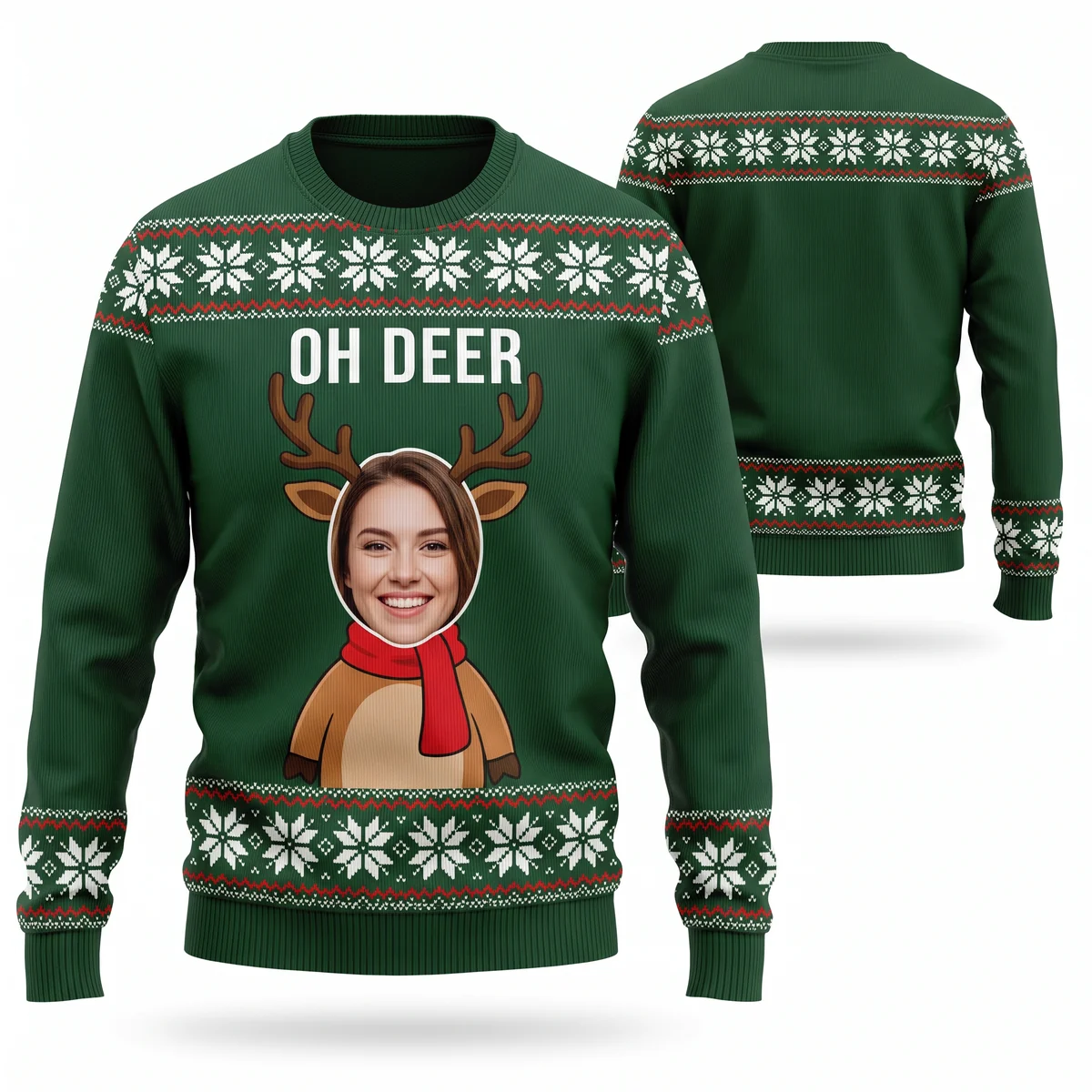 Custom Face Reindeer Funny Christmas Sweater – Oh Deer front and back Custom Face Reindeer Funny Christmas Sweater – Oh Deer front and back