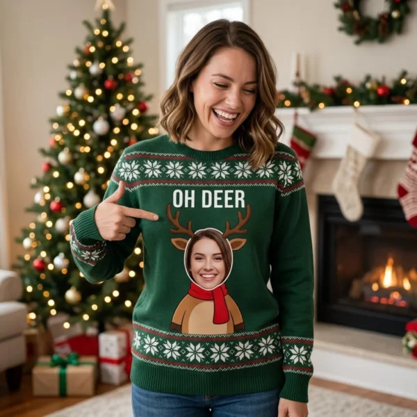 Custom Face Reindeer Funny Christmas Sweater – Oh Deer worn at Christmas