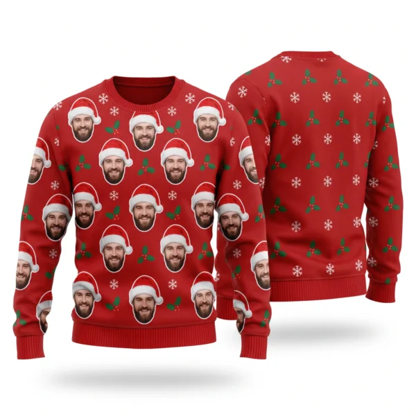 Custom Face Santa Hat Ugly Christmas Sweater – Photo Faces All Over front and back