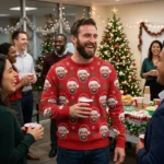 Custom Face Santa Hat Ugly Christmas Sweater – Photo Faces All Over worn at Christmas