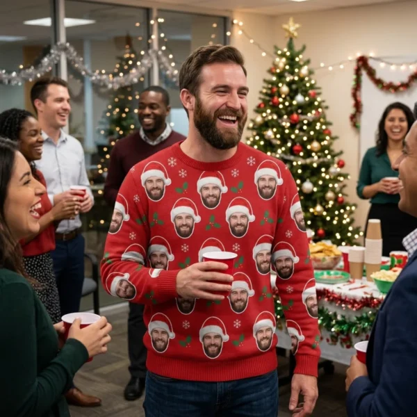 Custom Face Santa Hat Ugly Christmas Sweater – Photo Faces All Over worn at Christmas