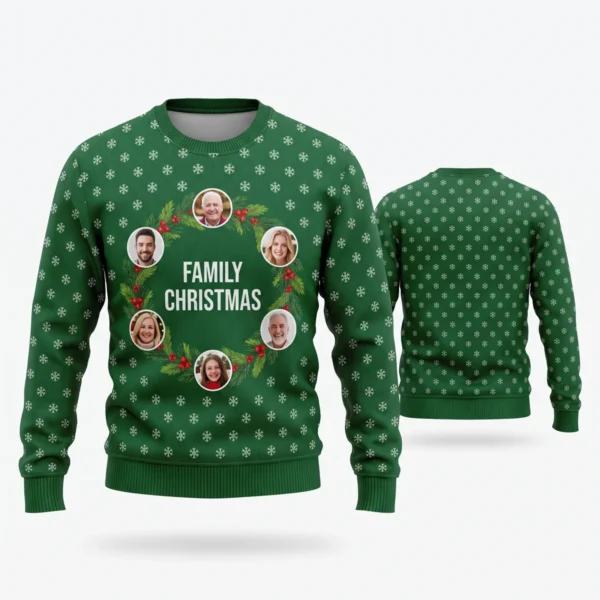 Custom Family Faces Christmas Wreath Sweater – Up to 6 Photos front and back