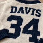 Custom Jersey Number Sports Mom Sweater With Name on Back worn at Christmas