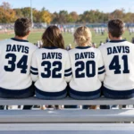 Custom Jersey Number Sports Mom Sweater With Name on Back worn at Christmas