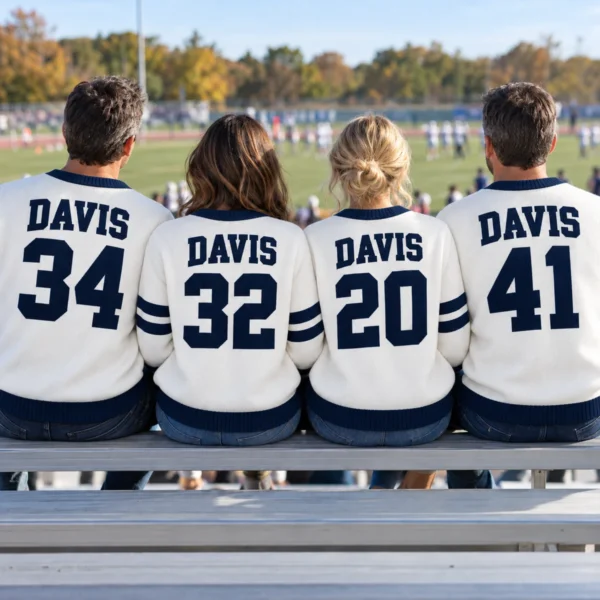 Custom Jersey Number Sports Mom Sweater With Name on Back worn at Christmas
