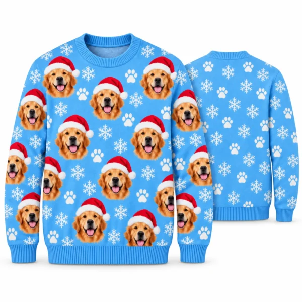 Custom Pet Face Ugly Christmas Sweater – Upload Your Dog or Cat Photo front and back