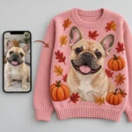 Custom Pet Portrait Fall Pumpkin Sweater With Name worn at Christmas