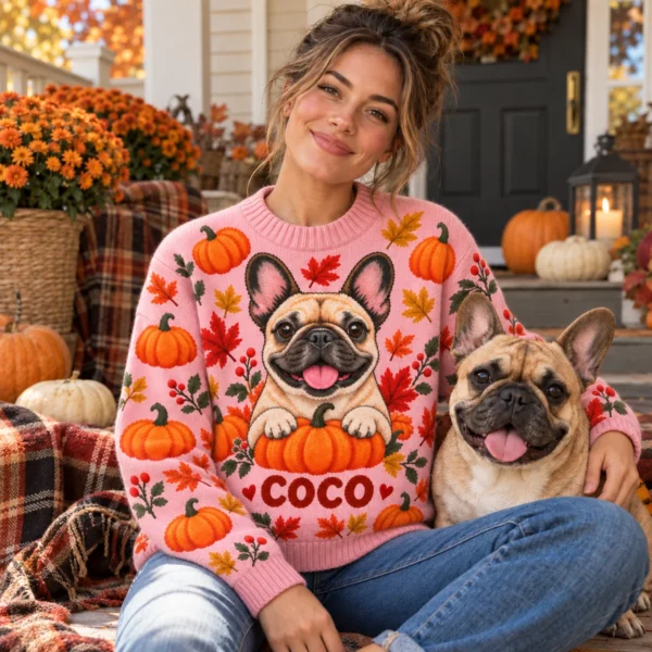 Custom Pet Portrait Fall Pumpkin Sweater With Name worn at Christmas