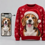 Custom Pet Portrait Ugly Christmas Sweater With Names – Dogs in Santa Hats worn at Christmas