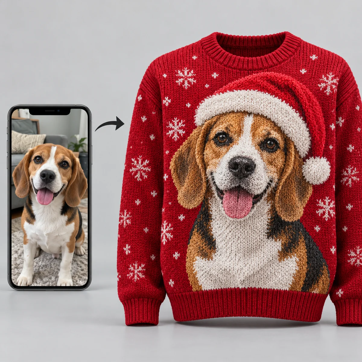 Custom Pet Portrait Ugly Christmas Sweater With Names – Dogs in Santa Hats knit detail Custom Pet Portrait Ugly Christmas Sweater With Names – Dogs in Santa Hats knit detail