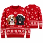 Custom Pet Portrait Ugly Christmas Sweater With Names – Dogs in Santa Hats worn at Christmas