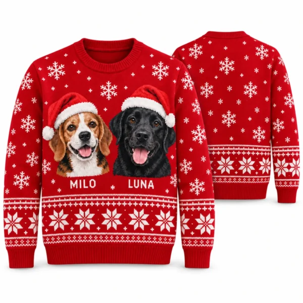 Custom Pet Portrait Ugly Christmas Sweater With Names – Dogs in Santa Hats front and back