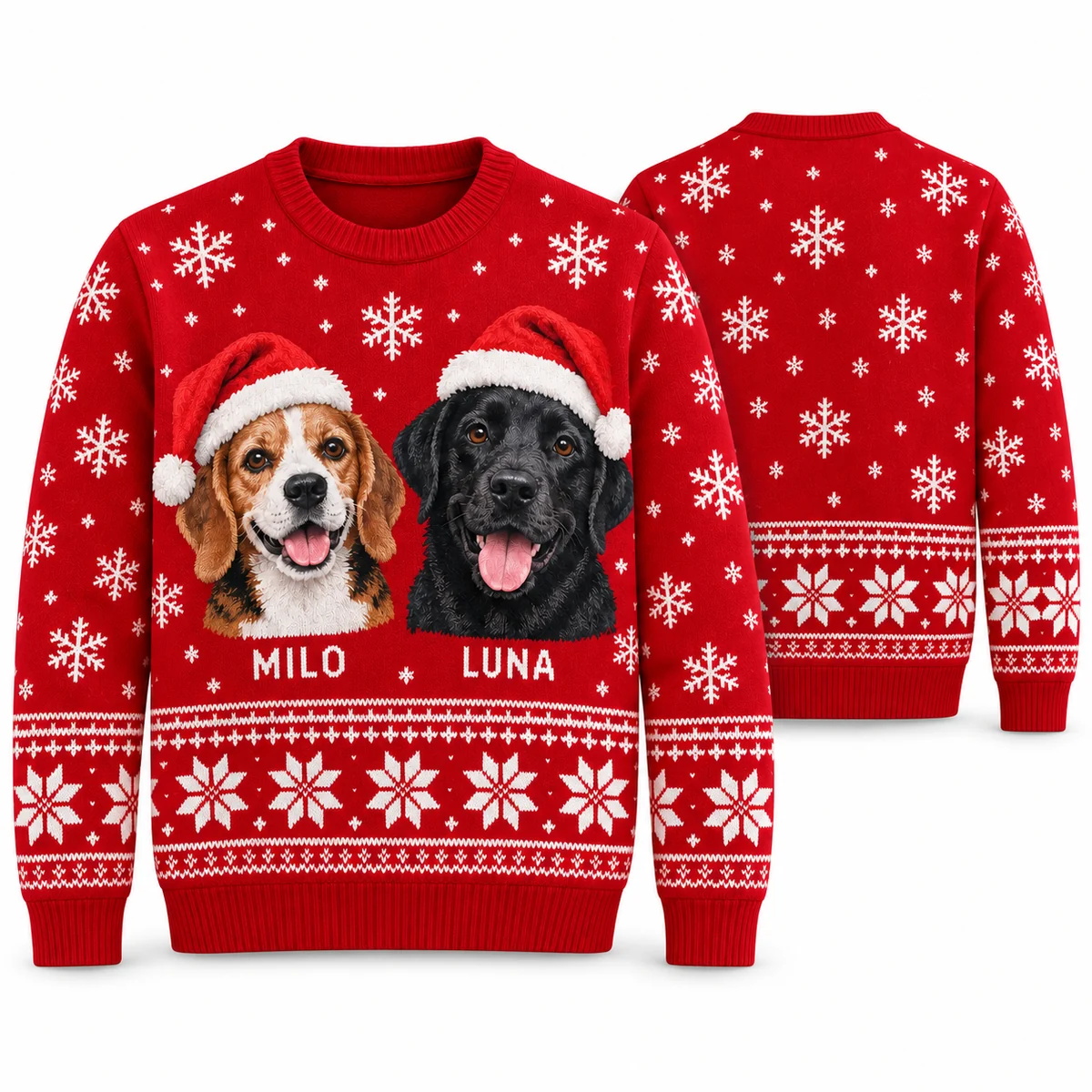 Custom Pet Portrait Ugly Christmas Sweater With Names – Dogs in Santa Hats front and back Custom Pet Portrait Ugly Christmas Sweater With Names – Dogs in Santa Hats front and back