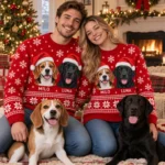 Custom Pet Portrait Ugly Christmas Sweater With Names – Dogs in Santa Hats worn at Christmas