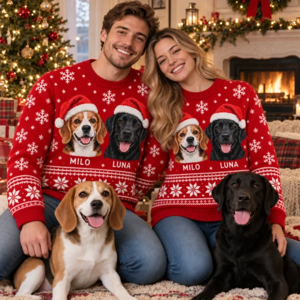 Custom Pet Portrait Ugly Christmas Sweater With Names – Dogs in Santa Hats worn at Christmas