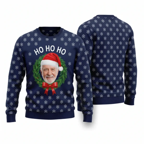 Custom Photo Ho Ho Ho Christmas Sweater – Your Face in a Santa Hat front and back