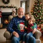 Custom Photo Ho Ho Ho Christmas Sweater – Your Face in a Santa Hat worn at Christmas