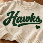 Custom Team Name Game Day Sweater for Sports Moms – Cream Knit worn at Christmas