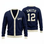 Custom Team Name Varsity Cardigan – Printed Game Day Knit Cardigan worn at Christmas