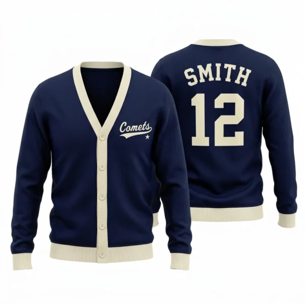 Custom Team Name Varsity Cardigan – Printed Game Day Knit Cardigan front and back