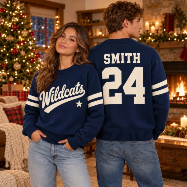 Custom Team Name Varsity Christmas Sweater – Personalized Game Day Sweater worn at Christmas