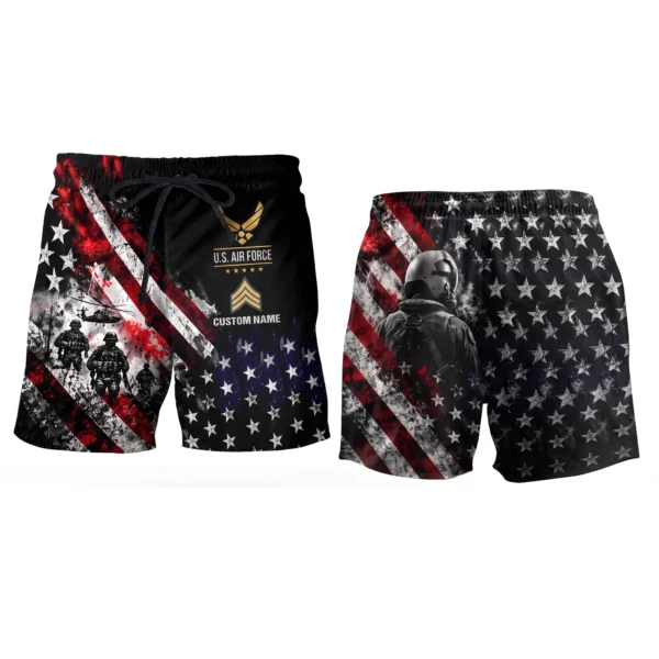 Custom U.S. Air Force beach shorts, front and back on a white background