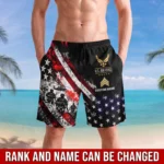 Custom U.S. Air Force beach shorts, front and back on a white background