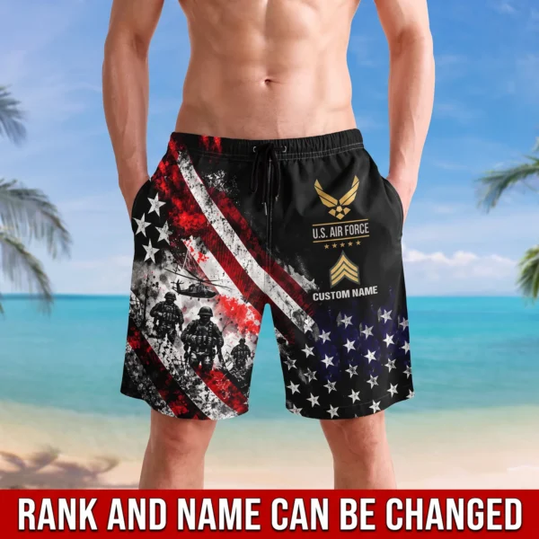 Man wearing the custom U.S. Air Force beach shorts on a tropical beach