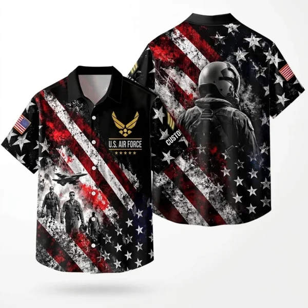 Custom U.S. Air Force Hawaiian shirt, front and back on a white background