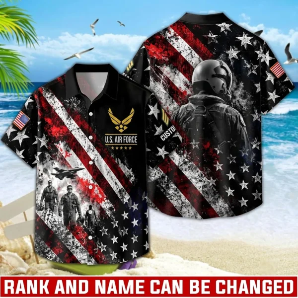 Custom U.S. Air Force Hawaiian shirt, front and back view with the distressed American flag print