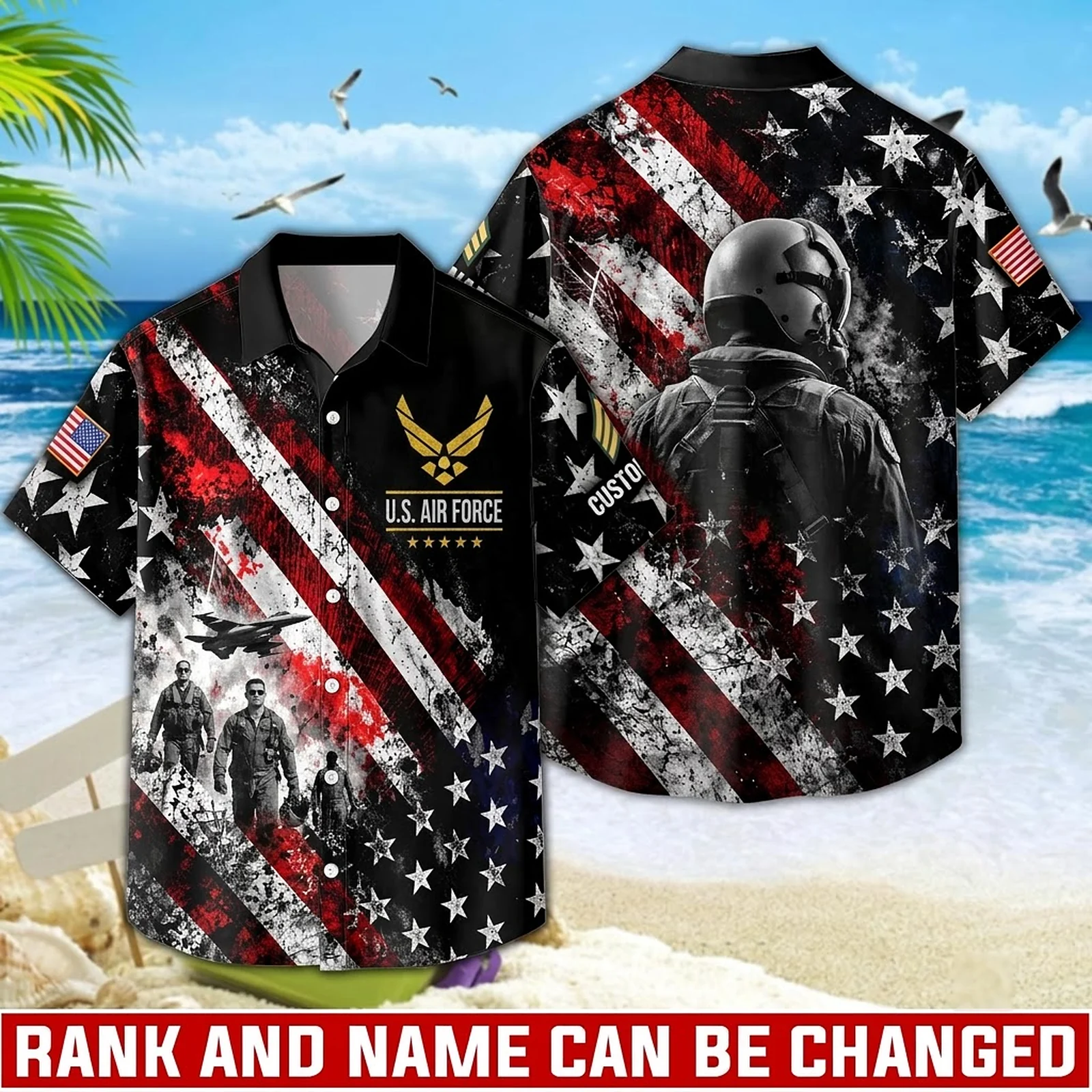 Custom U.S. Air Force Hawaiian shirt, front and back view with the distressed American flag print Custom U.S. Air Force Hawaiian shirt, front and back view with the distressed American flag print