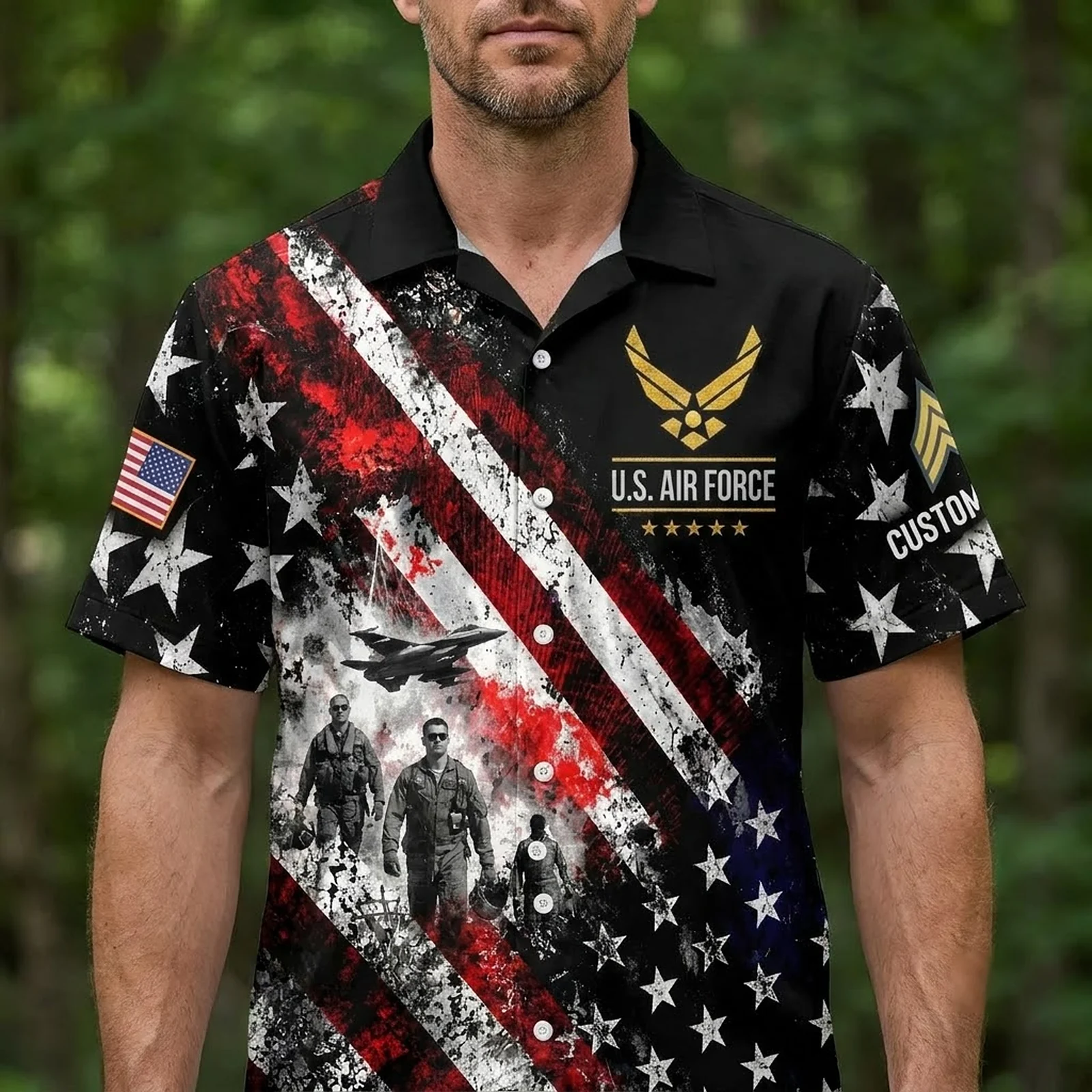 Man wearing the custom U.S. Air Force Hawaiian shirt with the American flag print Man wearing the custom U.S. Air Force Hawaiian shirt with the American flag print