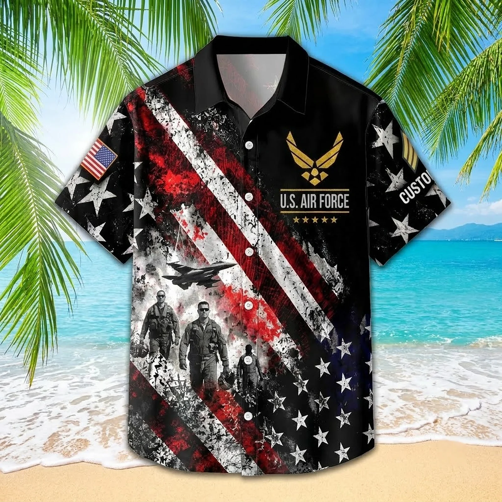 Front view of the custom U.S. Air Force Hawaiian shirt on a tropical beach Front view of the custom U.S. Air Force Hawaiian shirt on a tropical beach